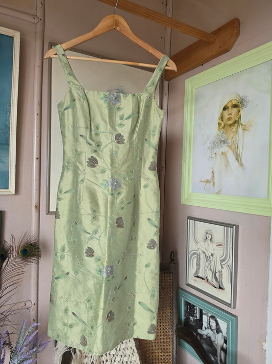 Vintage Y2K Pistachio Green Forest Fairy Floral Party Dress - size 4-6