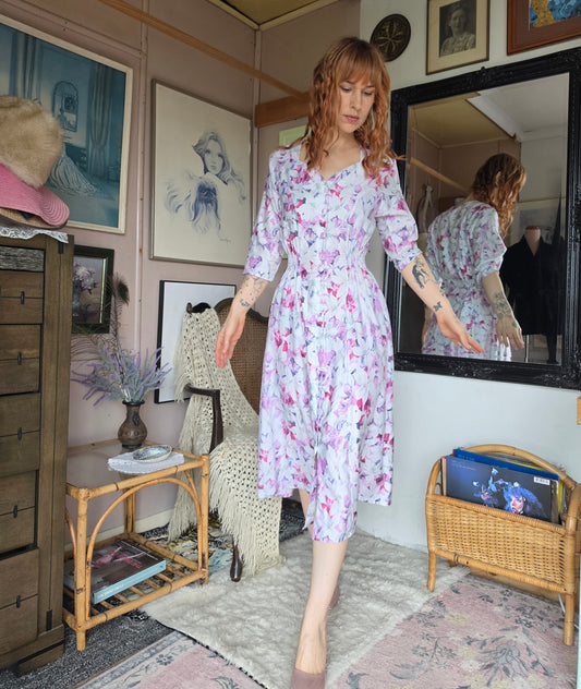 Vintage 1990s Club Romantic Cream Floral Midi Day Dress - size 8-12
