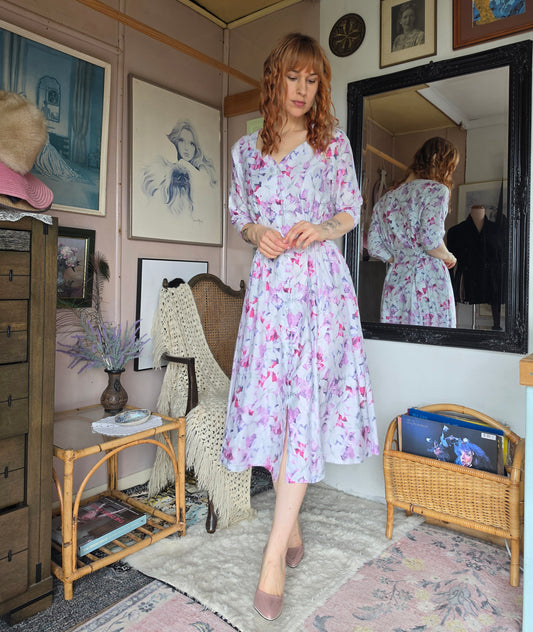 Vintage 1990s Club Romantic Cream Floral Midi Day Dress - size 8-12