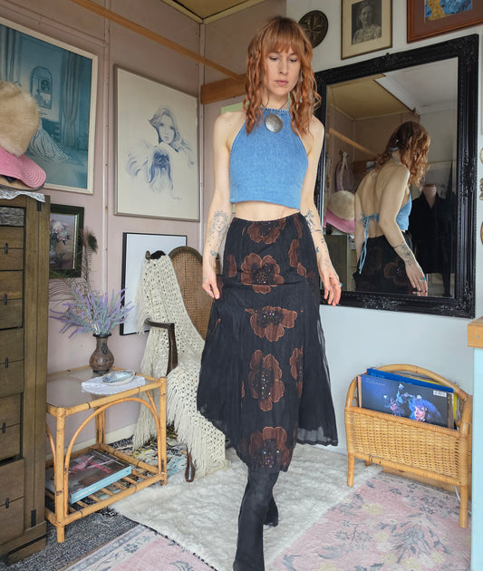 Vintage Y2K Verge Whimsigoth Fairycore Mesh Floral Midi Skirt - size 8-10