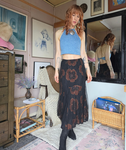 Vintage Y2K Verge Whimsigoth Fairycore Mesh Floral Midi Skirt - size 8-10