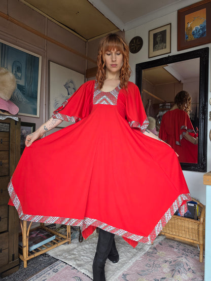 Vintage 1970s Cherry Red Gown with Flutter Sleeves & Hanky Hem - size 8-10