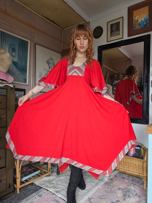 Vintage 1970s Cherry Red Gown with Flutter Sleeves & Hanky Hem - size 8-10