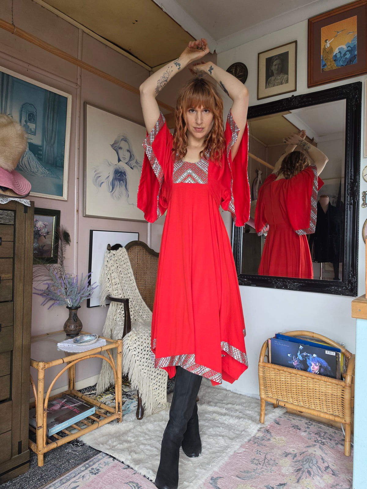 Vintage 1970s Cherry Red Gown with Flutter Sleeves & Hanky Hem - size 8-10
