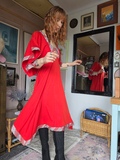 Vintage 1970s Cherry Red Gown with Flutter Sleeves & Hanky Hem - size 8-10