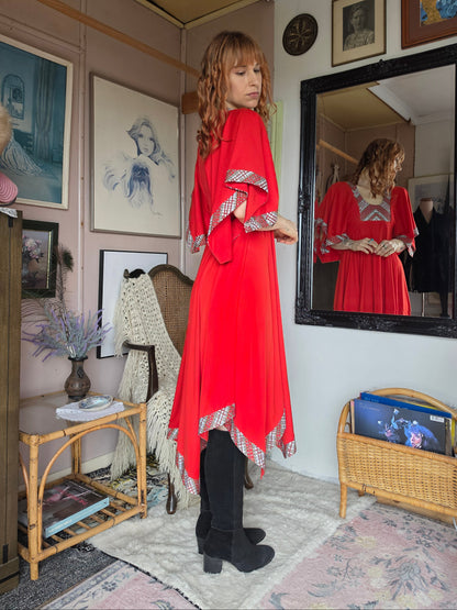 Vintage 1970s Cherry Red Gown with Flutter Sleeves & Hanky Hem - size 8-10