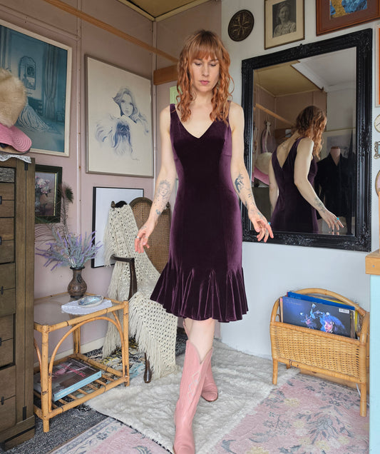 Vintage Y2K Citi Bordeaux Velvet Whimsigoth Ruffle Midi Dress - size 8-10