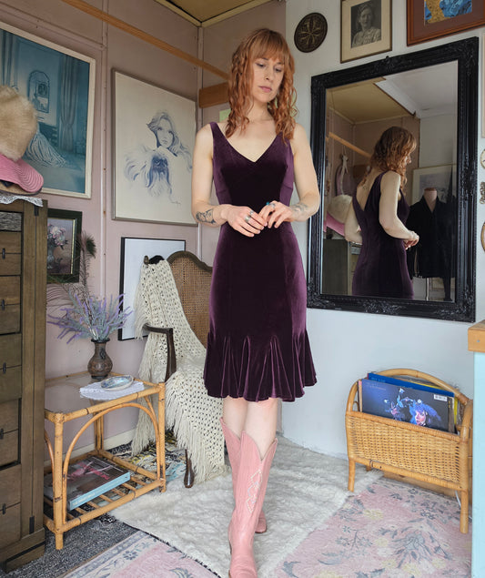 Vintage Y2K Citi Bordeaux Velvet Whimsigoth Ruffle Midi Dress - size 8-10