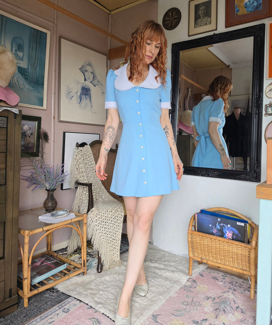 Vintage 1960s Top Gear Alice in Wonderland Powder Blue Babydoll Mini Dress - size 8