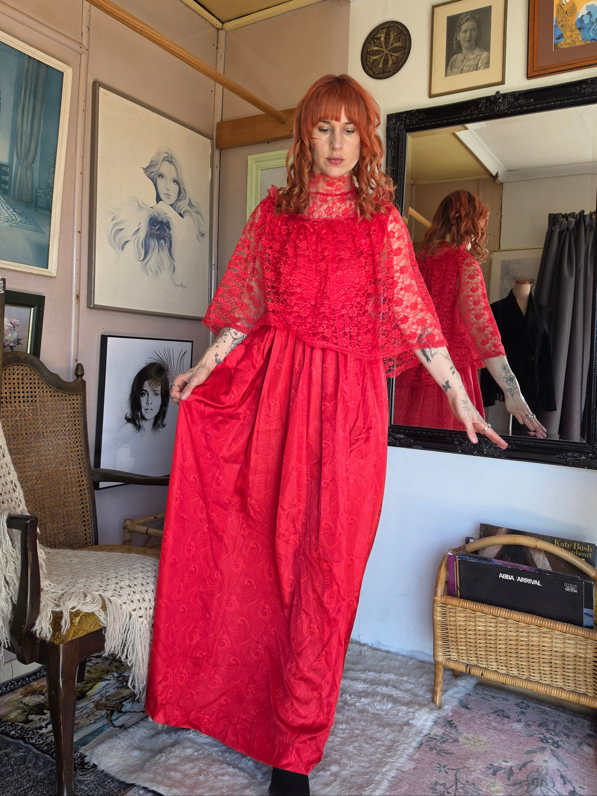 Vintage 1980s Blood Red 'Beetlejuice' Dress with Net Tulle Gothic Cape Collar - size 8-12