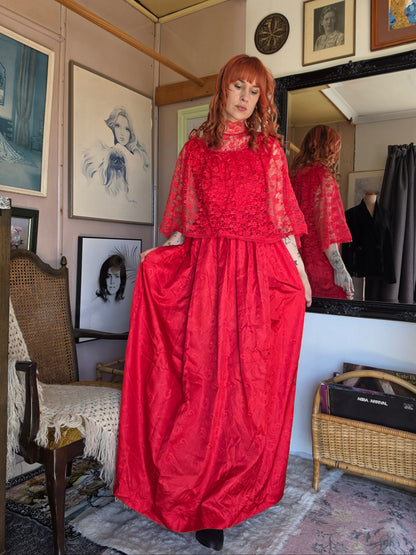 Vintage 1980s Blood Red 'Beetlejuice' Dress with Net Tulle Gothic Cape Collar - size 8-12