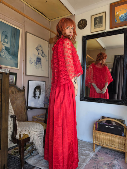 Vintage 1980s Blood Red 'Beetlejuice' Dress with Net Tulle Gothic Cape Collar - size 8-12