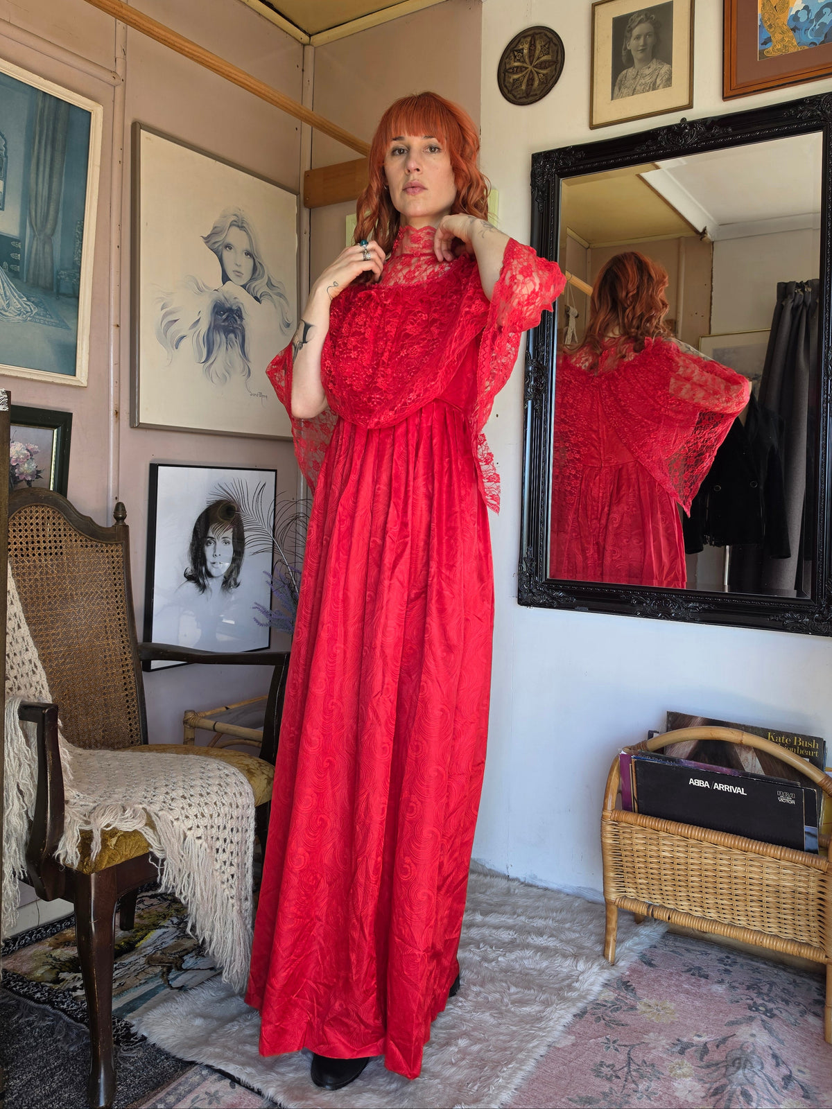 Vintage 1980s Blood Red 'Beetlejuice' Dress with Net Tulle Gothic Cape Collar - size 8-12