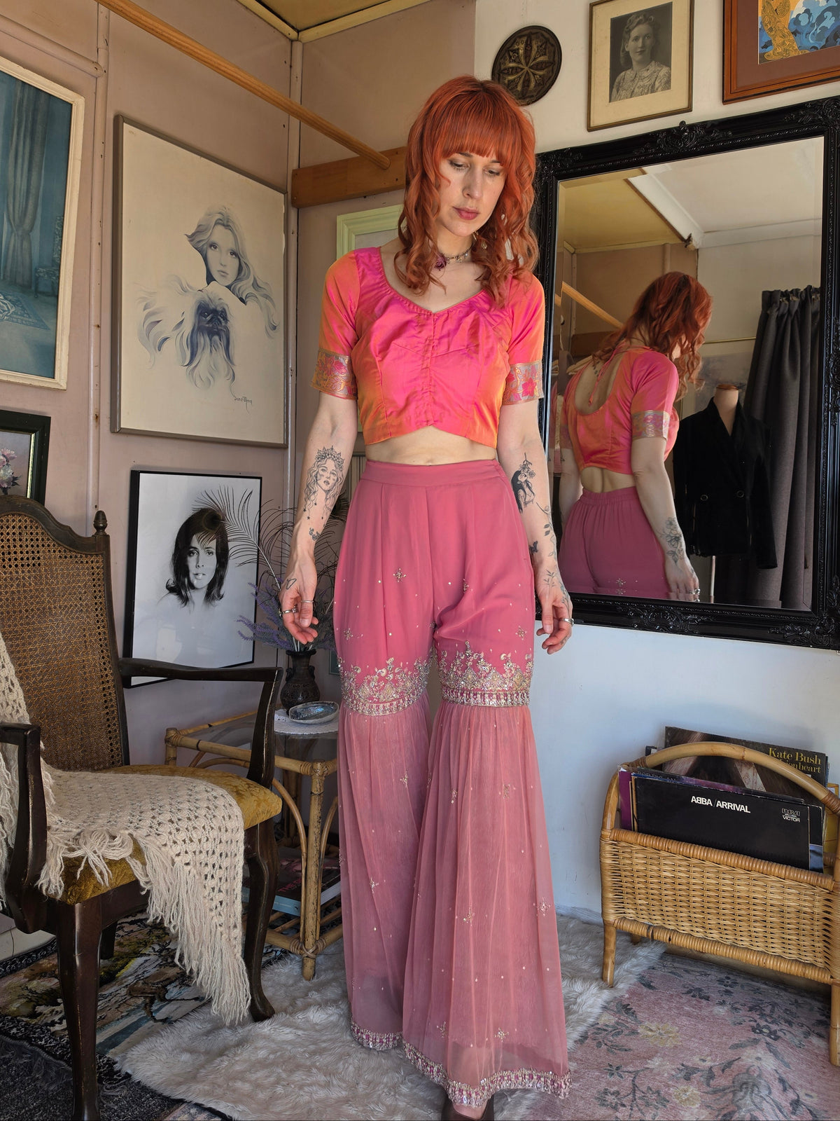 Vintage 1960s Jeannie's Dreamy Genie Beaded Pink Peach Trousers - size 6-8