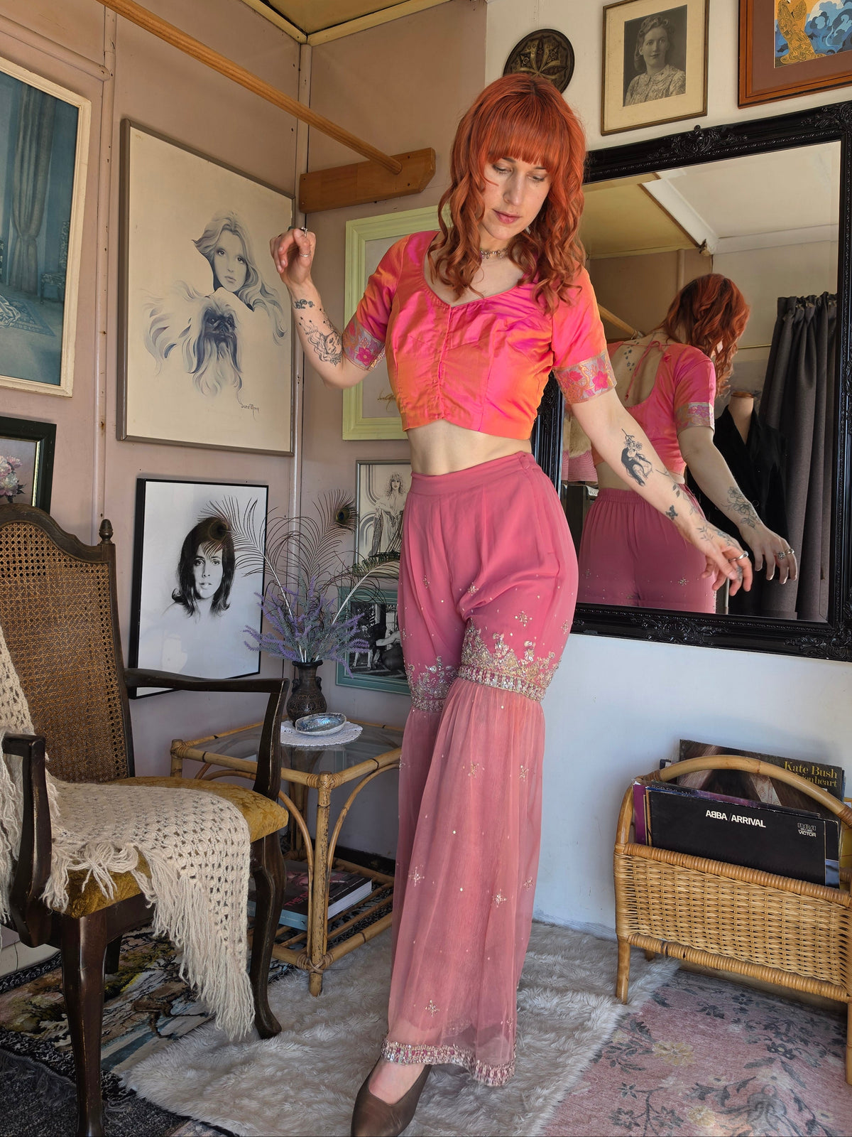Vintage 1960s Jeannie's Dreamy Genie Beaded Pink Peach Trousers - size 6-8