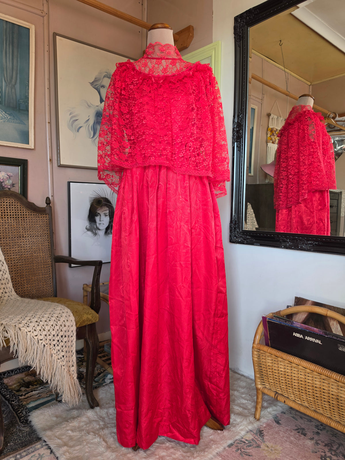 Vintage 1980s Blood Red 'Beetlejuice' Dress with Net Tulle Gothic Cape Collar - size 8-12