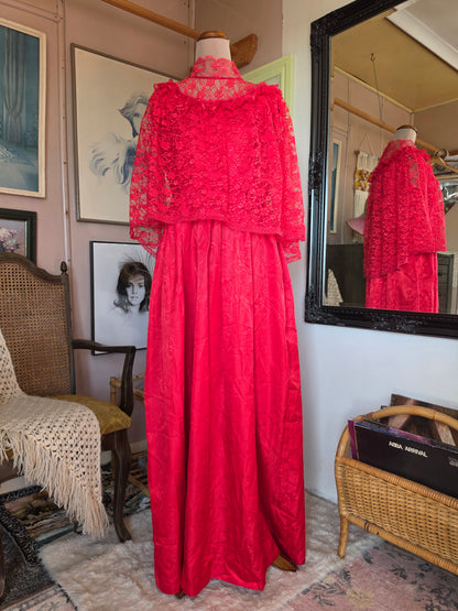Vintage 1980s Blood Red 'Beetlejuice' Dress with Net Tulle Gothic Cape Collar - size 8-12