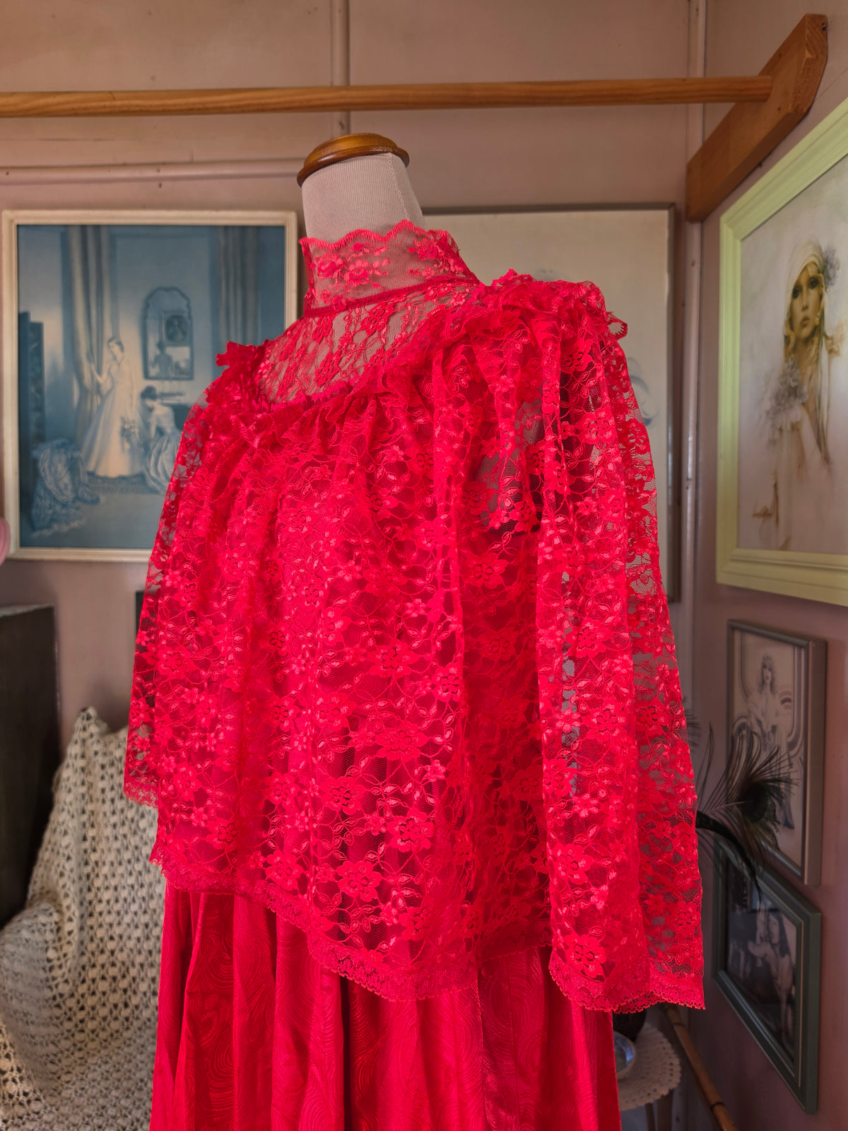 Vintage 1980s Blood Red 'Beetlejuice' Dress with Net Tulle Gothic Cape Collar - size 8-12