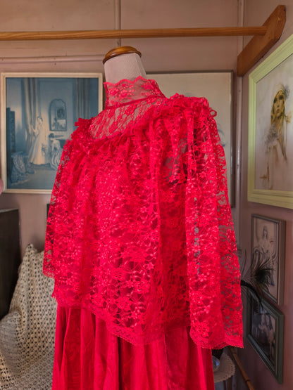 Vintage 1980s Blood Red 'Beetlejuice' Dress with Net Tulle Gothic Cape Collar - size 8-12