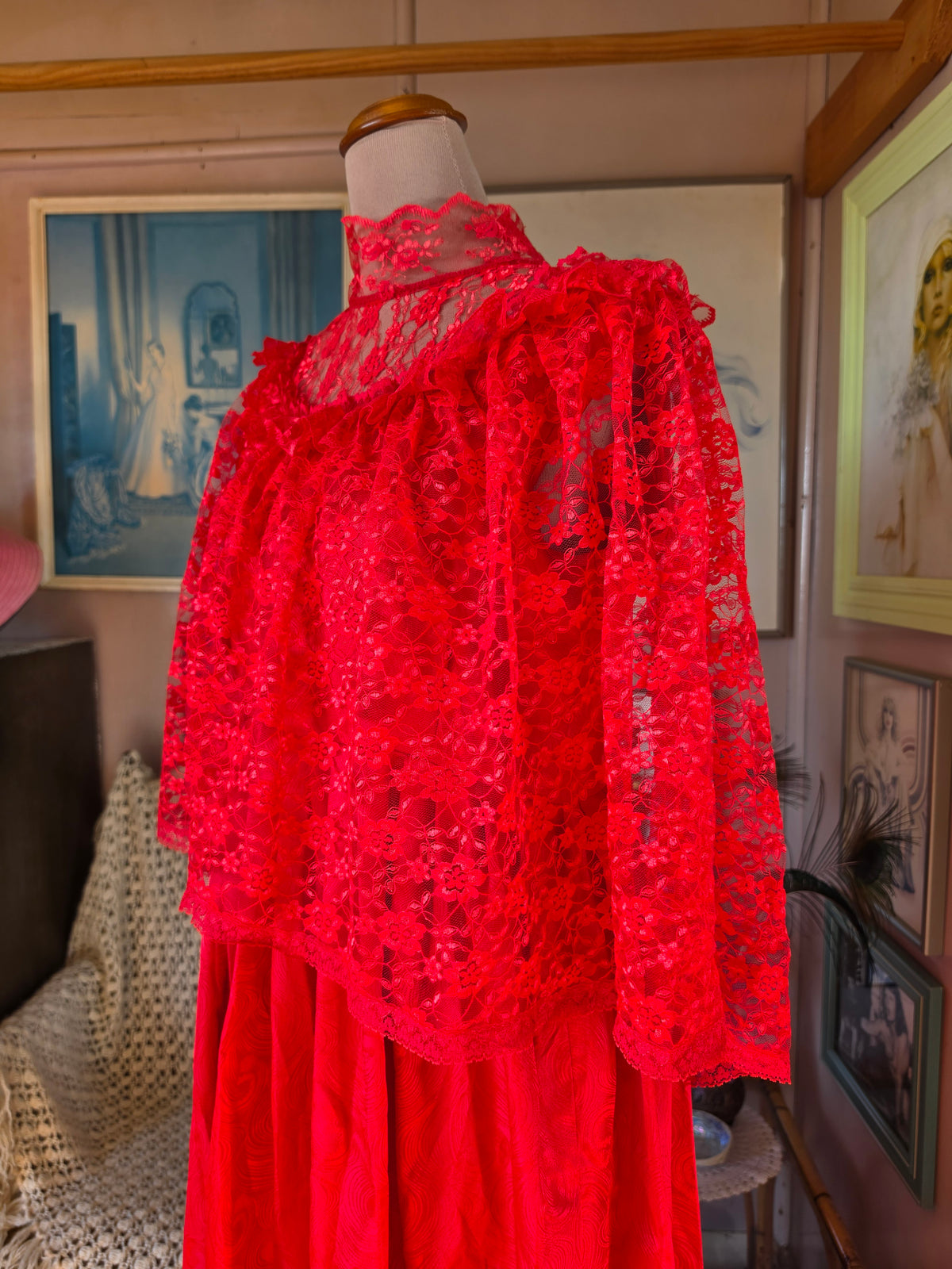 Vintage 1980s Blood Red 'Beetlejuice' Dress with Net Tulle Gothic Cape Collar - size 8-12