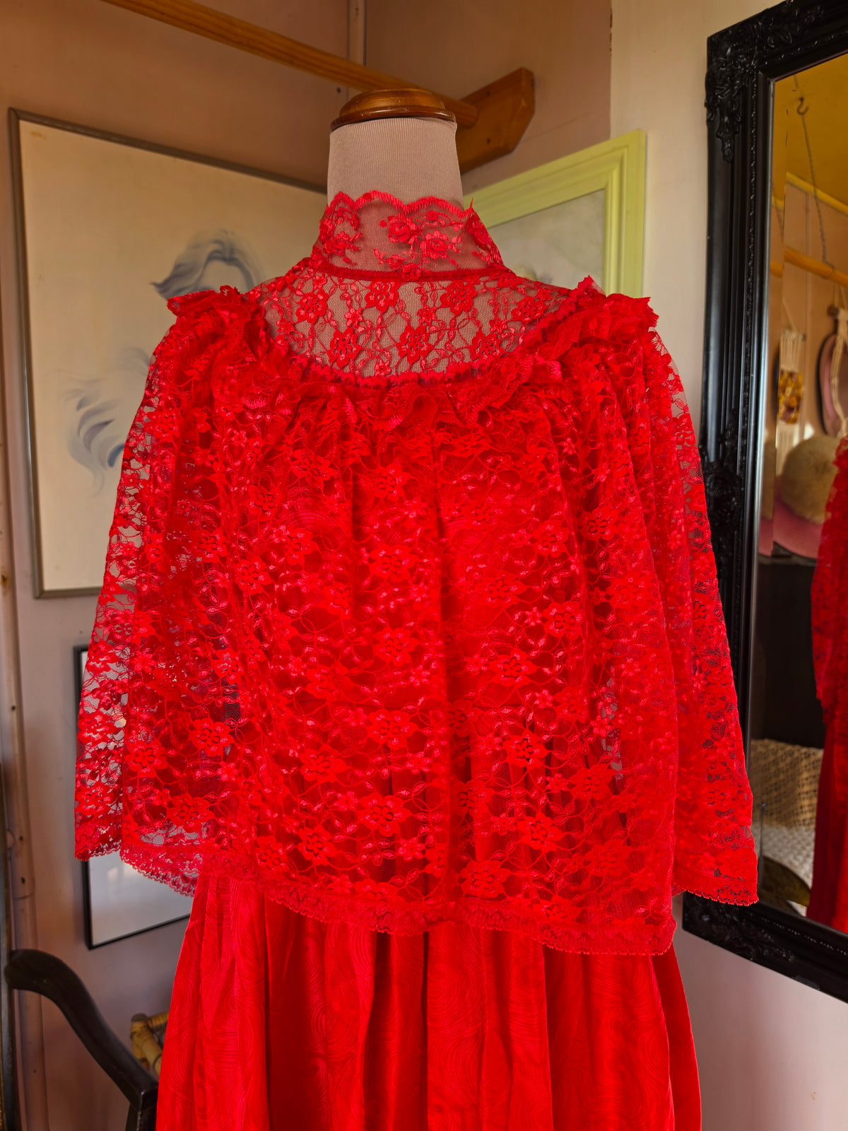 Vintage 1980s Blood Red 'Beetlejuice' Dress with Net Tulle Gothic Cape Collar - size 8-12