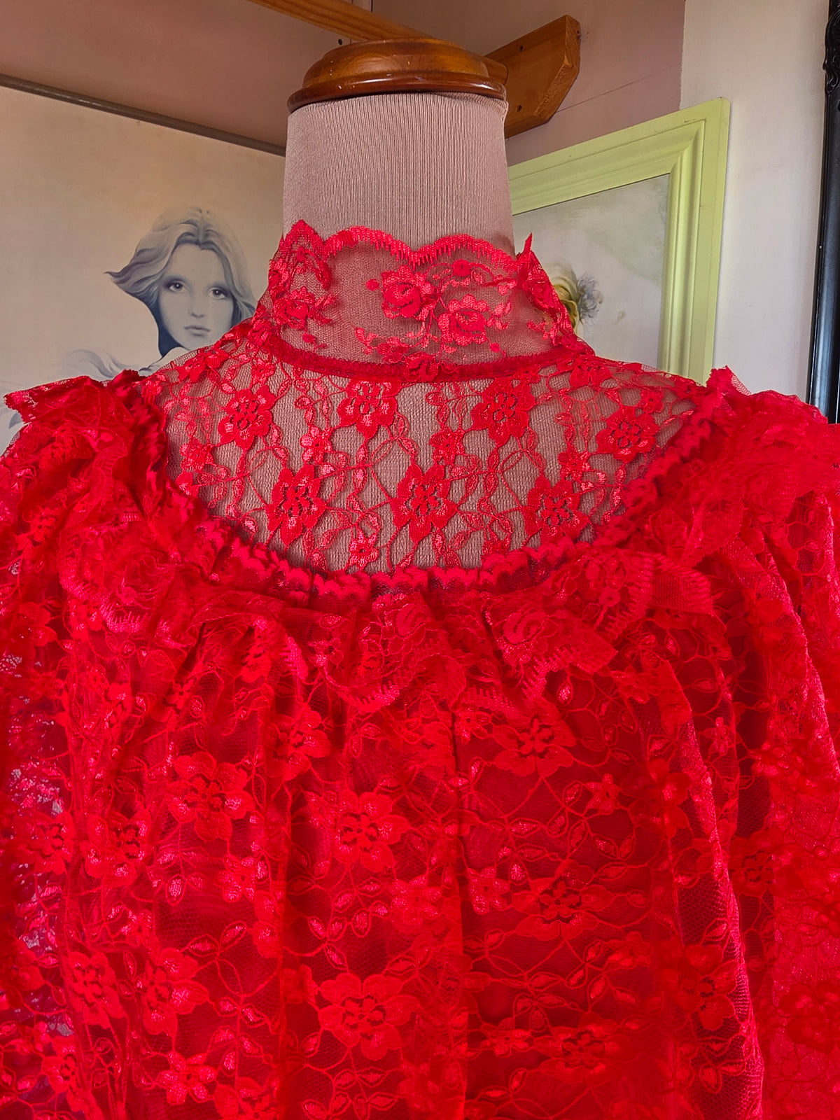Vintage 1980s Blood Red 'Beetlejuice' Dress with Net Tulle Gothic Cape Collar - size 8-12