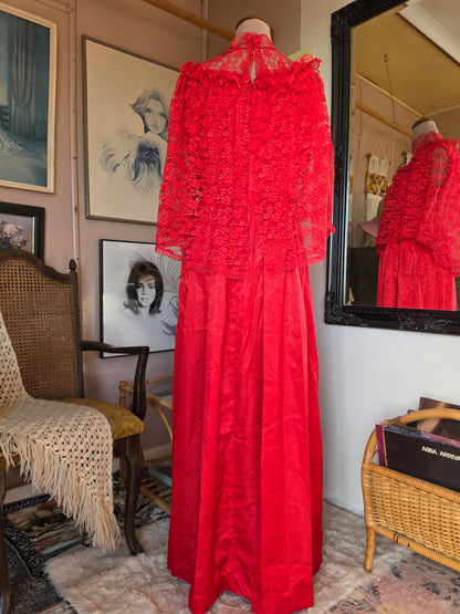 Vintage 1980s Blood Red 'Beetlejuice' Dress with Net Tulle Gothic Cape Collar - size 8-12
