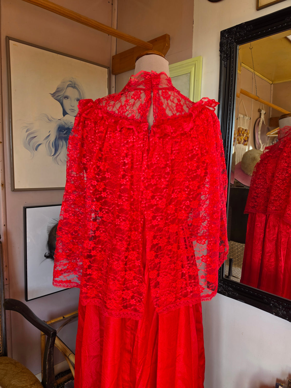Vintage 1980s Blood Red 'Beetlejuice' Dress with Net Tulle Gothic Cape Collar - size 8-12