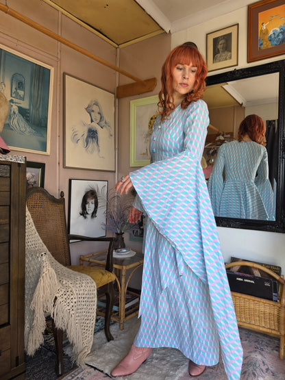 Vintage 1970s Pastel Geometric Dress with Medieval Bell Sleeves - size 6-8