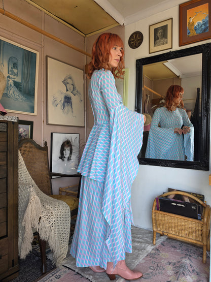 Vintage 1970s Pastel Geometric Dress with Medieval Bell Sleeves - size 6-8