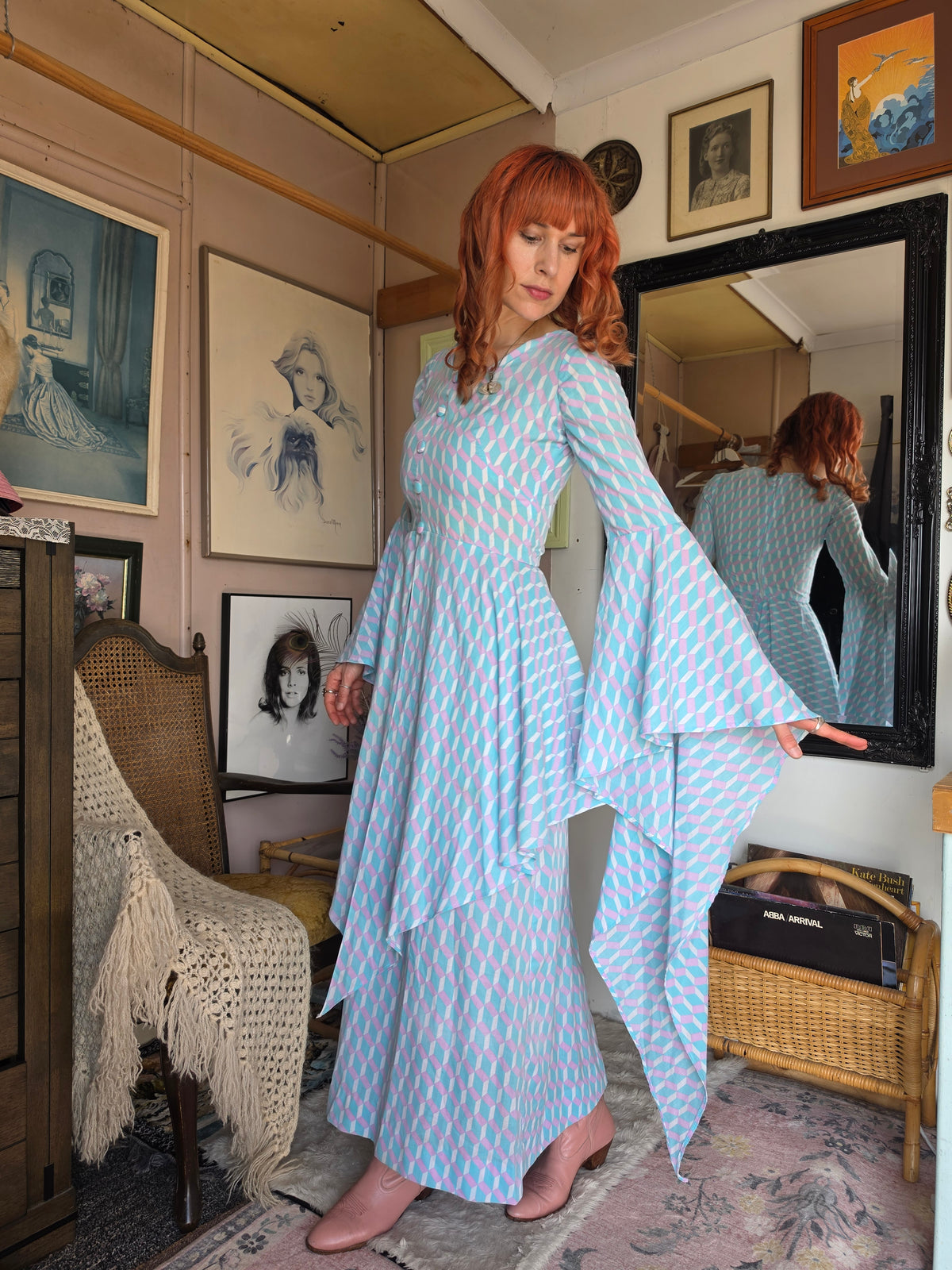 Vintage 1970s Pastel Geometric Dress with Medieval Bell Sleeves - size 6-8