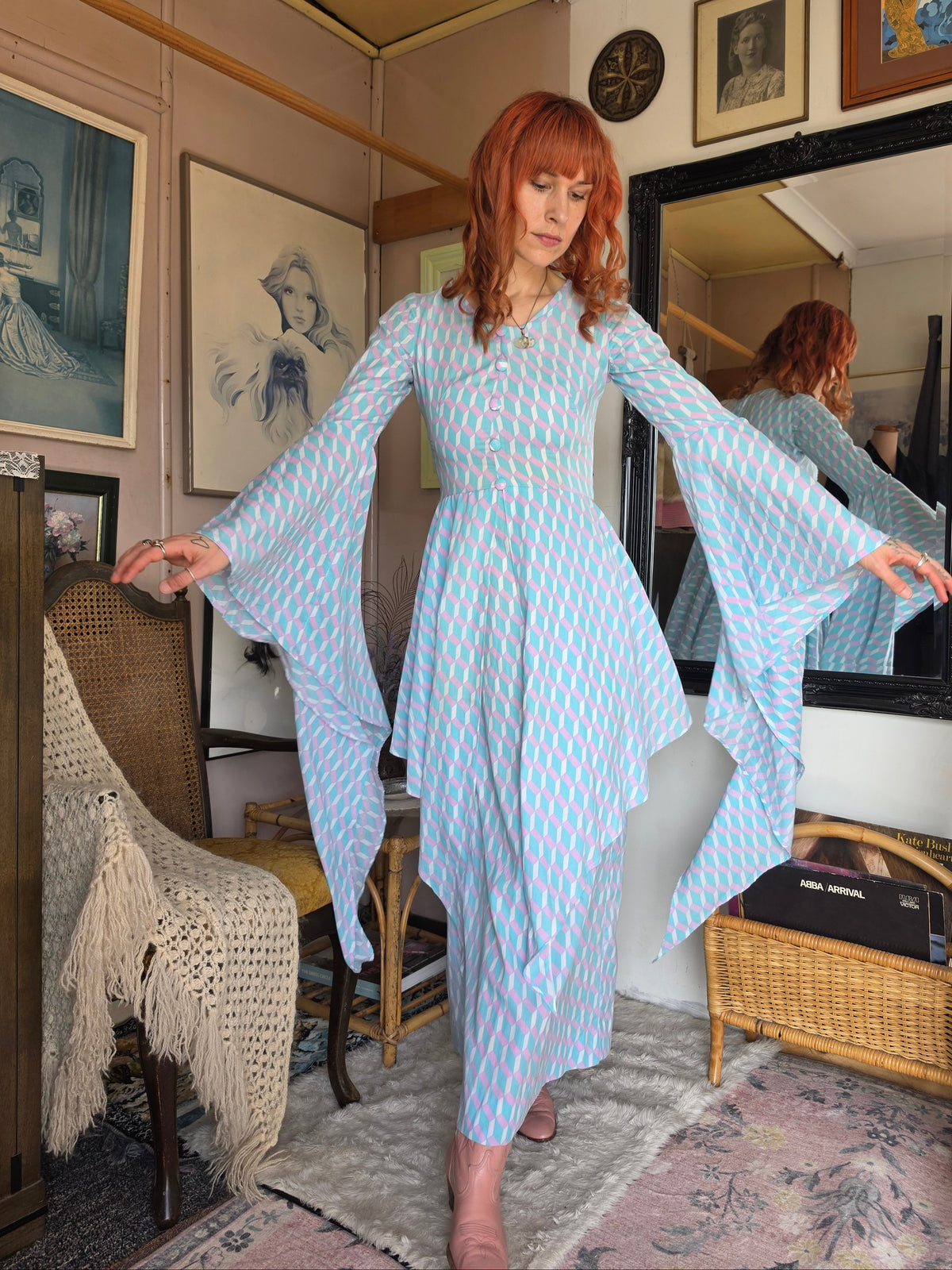 Vintage 1970s Pastel Geometric Dress with Medieval Bell Sleeves - size 6-8