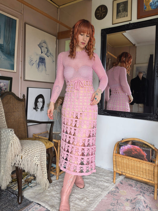 Vintage 1970s Pastel Pink Crochet Knit Festival Dress - size 6-8