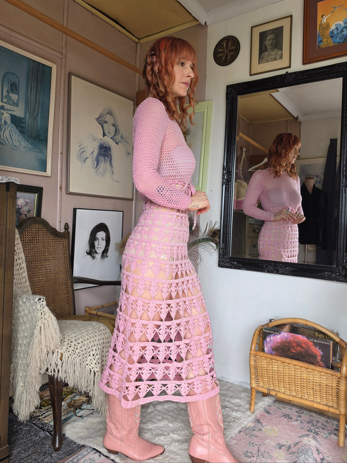 Vintage 1970s Pastel Pink Crochet Knit Festival Dress - size 6-8