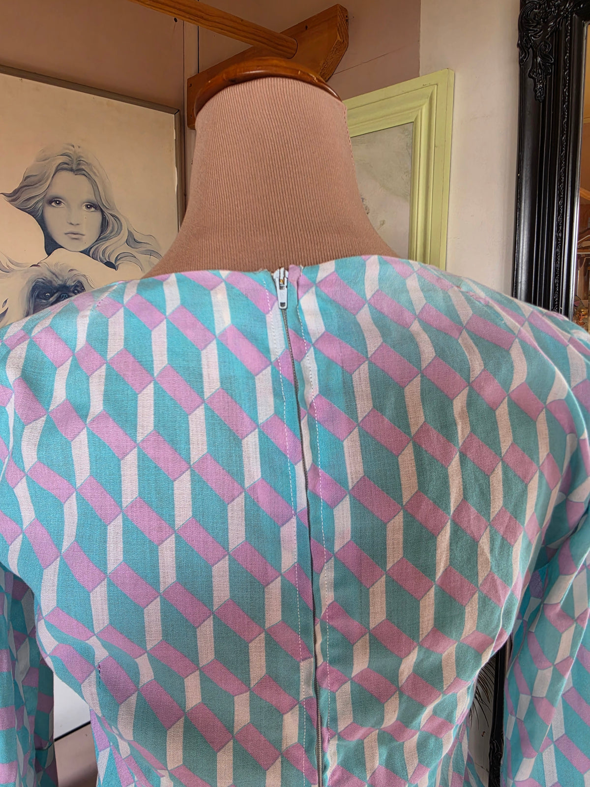 Vintage 1970s Pastel Geometric Dress with Medieval Bell Sleeves - size 6-8