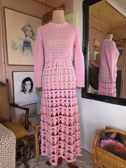 Vintage 1970s Pastel Pink Crochet Knit Festival Dress - size 6-8
