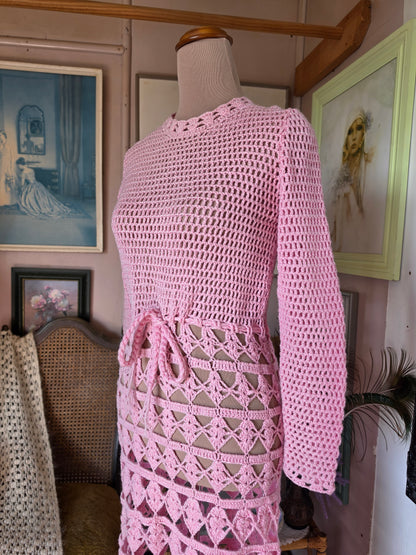 Vintage 1970s Pastel Pink Crochet Knit Festival Dress - size 6-8