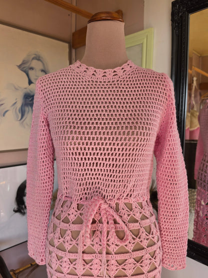 Vintage 1970s Pastel Pink Crochet Knit Festival Dress - size 6-8