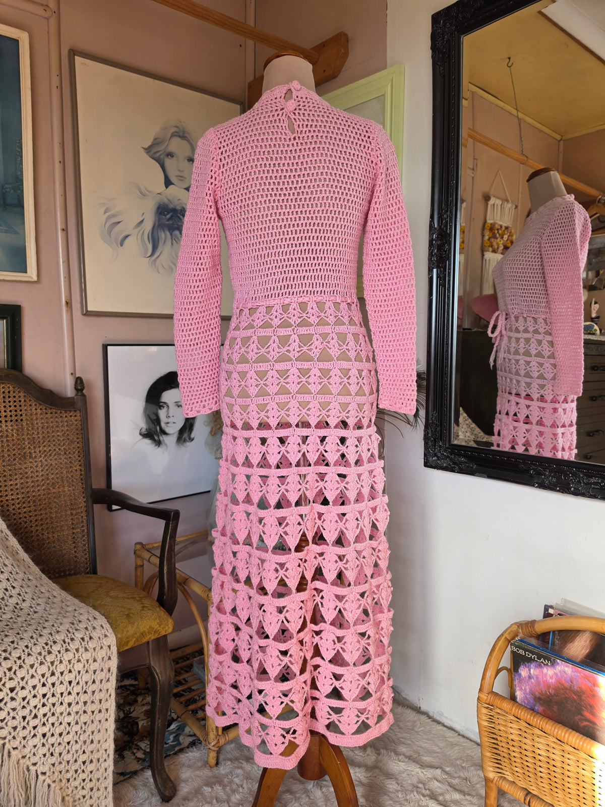 Vintage 1970s Pastel Pink Crochet Knit Festival Dress - size 6-8