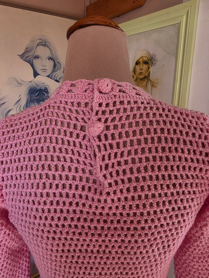 Vintage 1970s Pastel Pink Crochet Knit Festival Dress - size 6-8