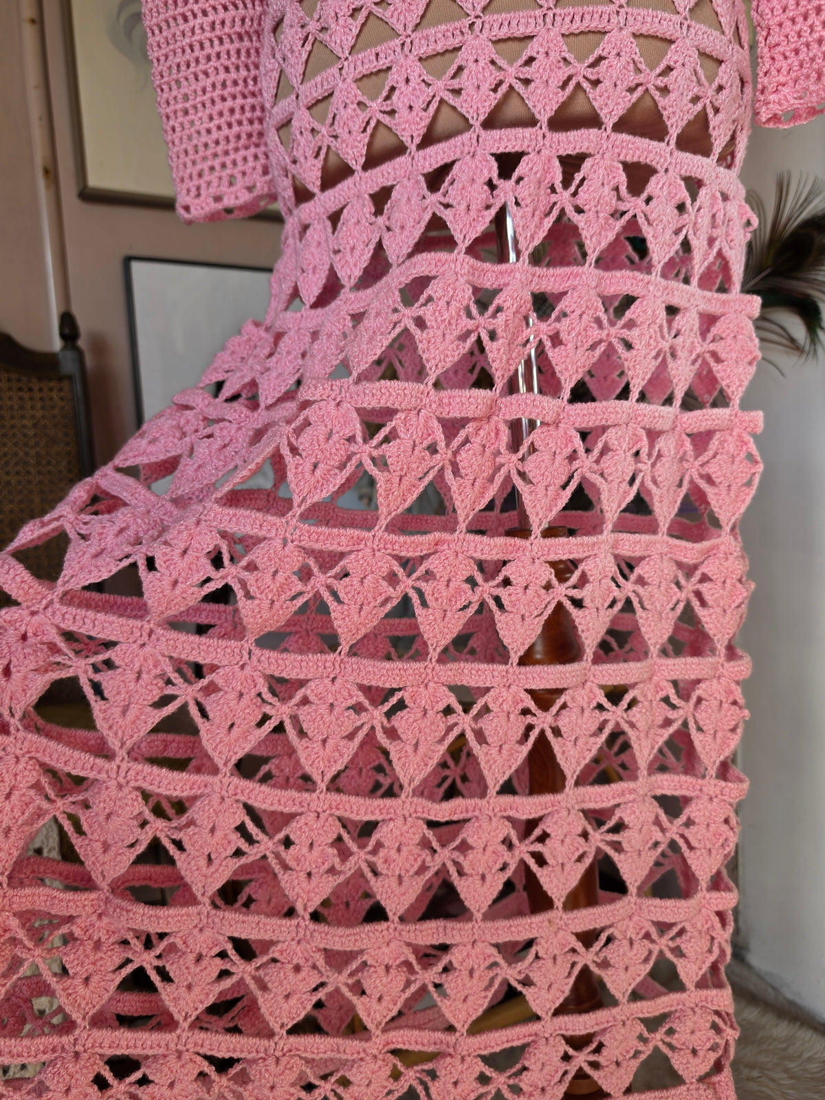 Vintage 1970s Pastel Pink Crochet Knit Festival Dress - size 6-8